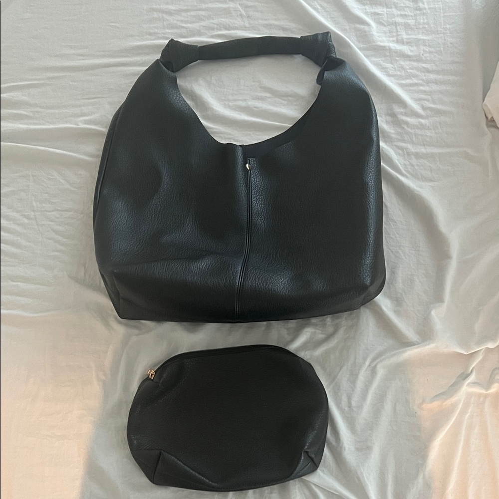 Anthropology boho leather black tote with pouch brand new